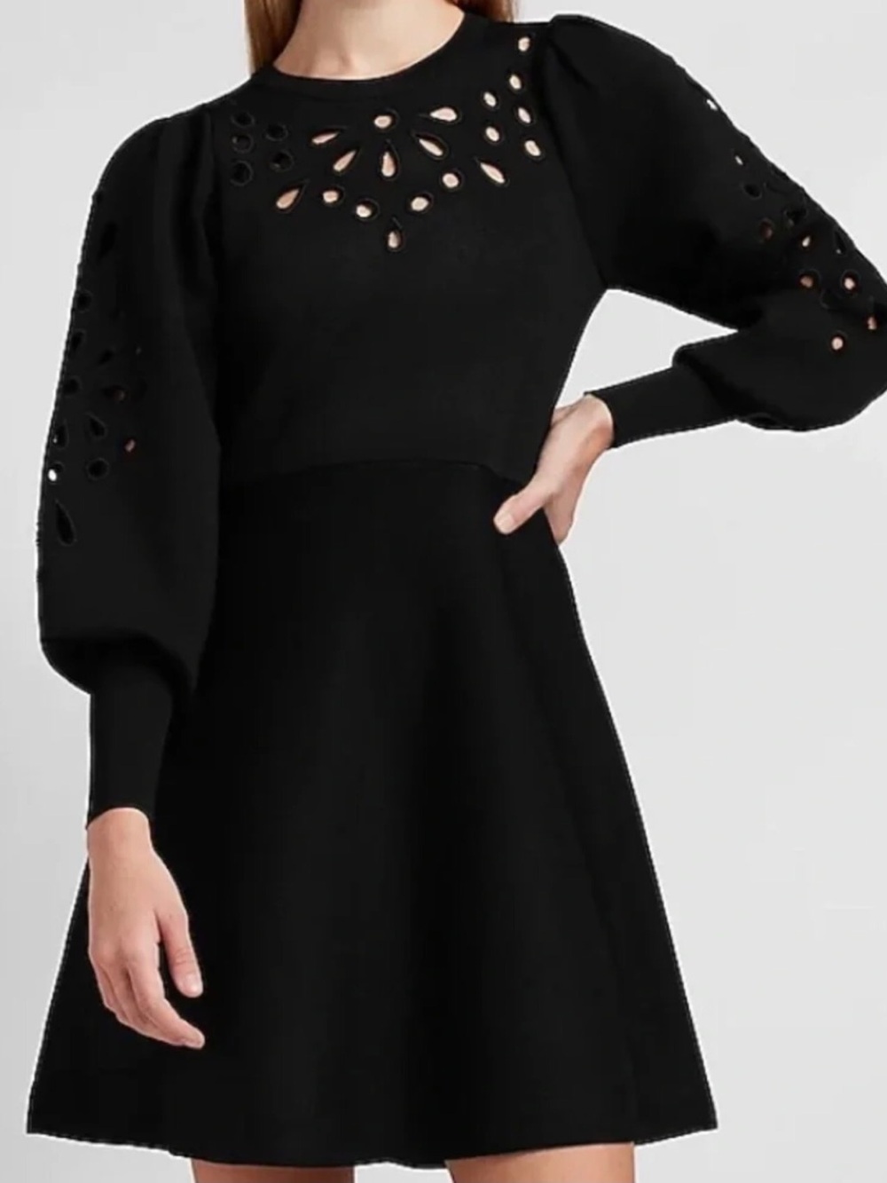 Express Heavyweight Knit Black Cut out Fit&Flare Balloon Sleeve Dress XL